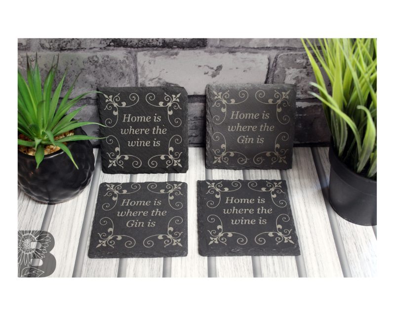 Mixed Set of 4 Slate Coasters with a Custom Home is Where the Wine/Gin Is Design