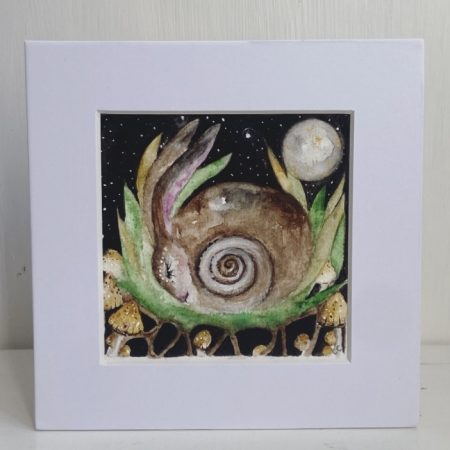 Original Mother Earth Woodland Hare Rabbit in Moonlight Watercolour Wall Art