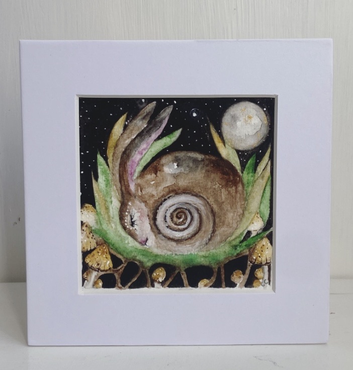 Original Mother Earth Woodland Hare Rabbit in Moonlight Watercolour Wall Art