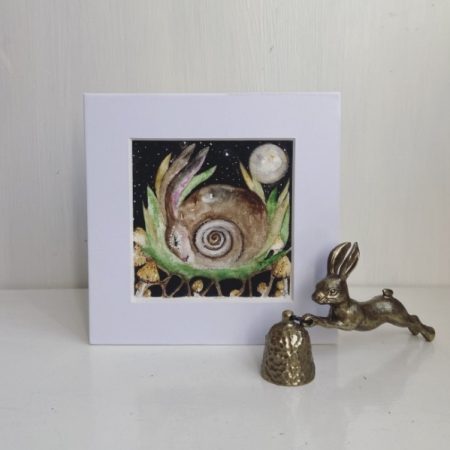 Original Mother Earth Woodland Hare Rabbit in Moonlight Watercolour Wall Art