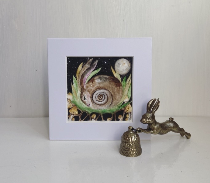 Original Mother Earth Woodland Hare Rabbit in Moonlight Watercolour Wall Art