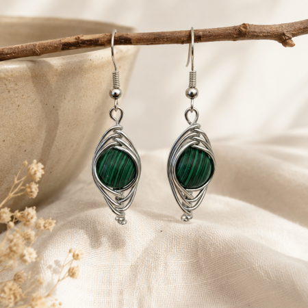 Malachite Woven Drop Earrings – 10mm Crystal Earrings