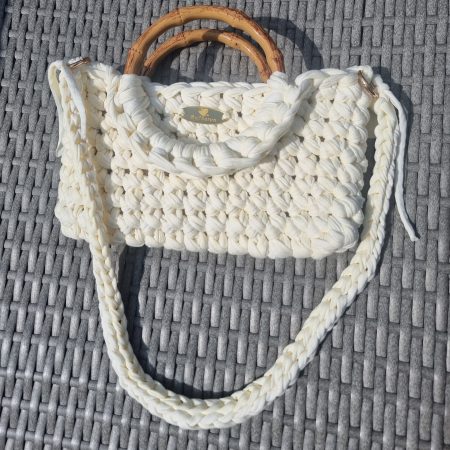 Handmade Crochet Cream Handbag with Bamboo Handles & Crossbody Strap
