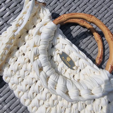 Handmade Crochet Cream Handbag with Bamboo Handles & Crossbody Strap