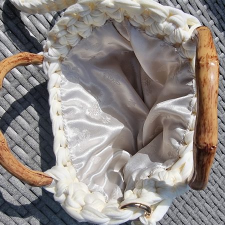 Handmade Crochet Cream Handbag with Bamboo Handles & Crossbody Strap
