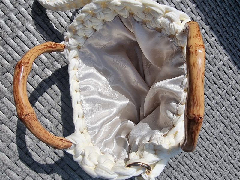 Handmade Crochet Cream Handbag with Bamboo Handles & Crossbody Strap