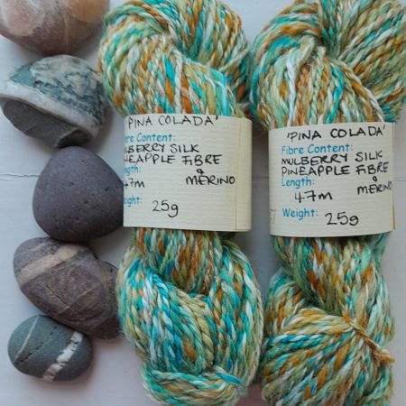 Hand Spun Yarn with mulberry silk, pineapple fibre, merino wool fibres