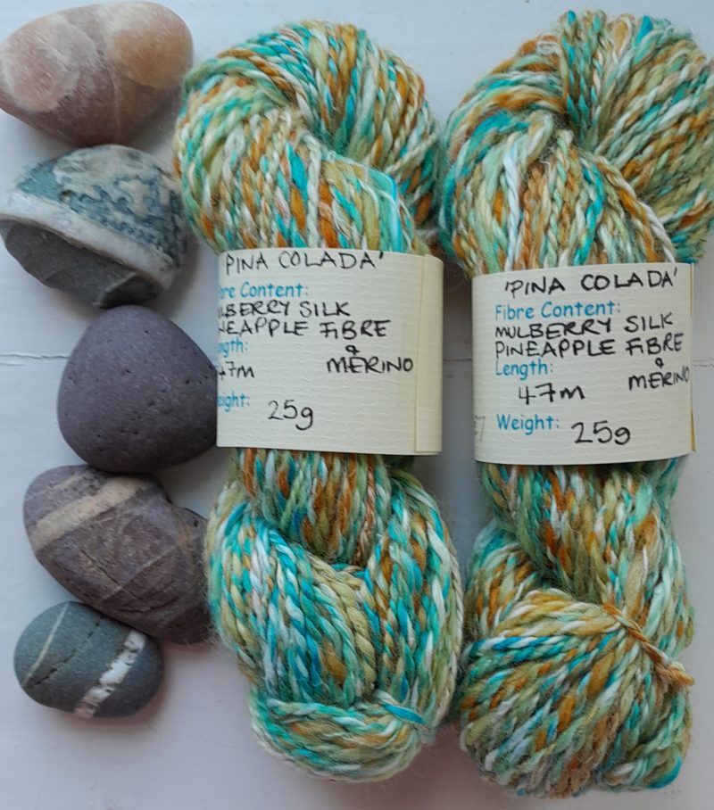 Hand Spun Yarn with mulberry silk, pineapple fibre, merino wool fibres