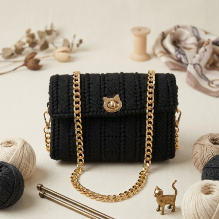 Handcrafted Black Macramé Crossbody Bag with Gold Cat Lock