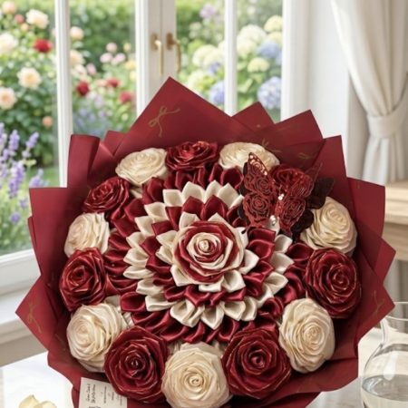 Handcrafted Satin Ribbon Rose Bouquet in Red and Cream with Butterfly Accent