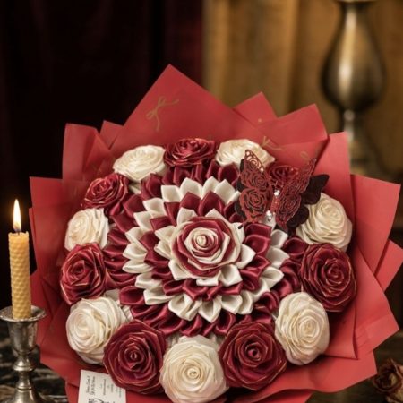 Handcrafted Satin Ribbon Rose Bouquet in Red and Cream with Butterfly Accent