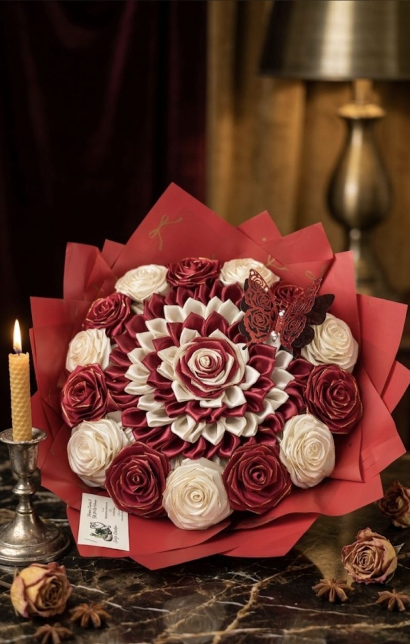 Handcrafted Satin Ribbon Rose Bouquet in Red and Cream with Butterfly Accent