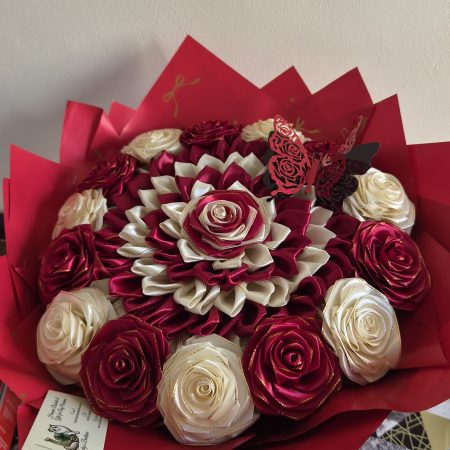 Handcrafted Satin Ribbon Rose Bouquet in Red and Cream with Butterfly Accent