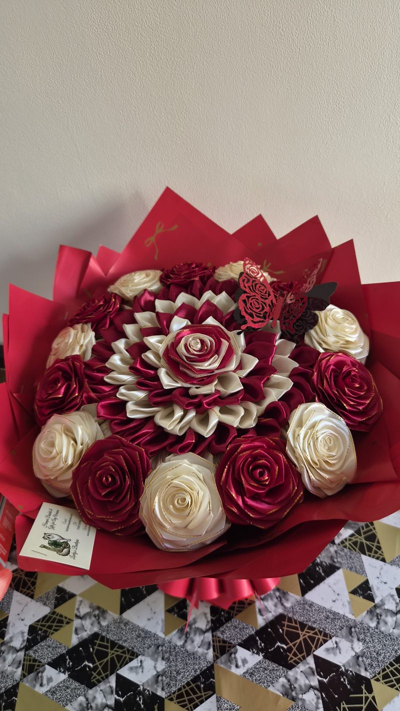 Handcrafted Satin Ribbon Rose Bouquet in Red and Cream with Butterfly Accent