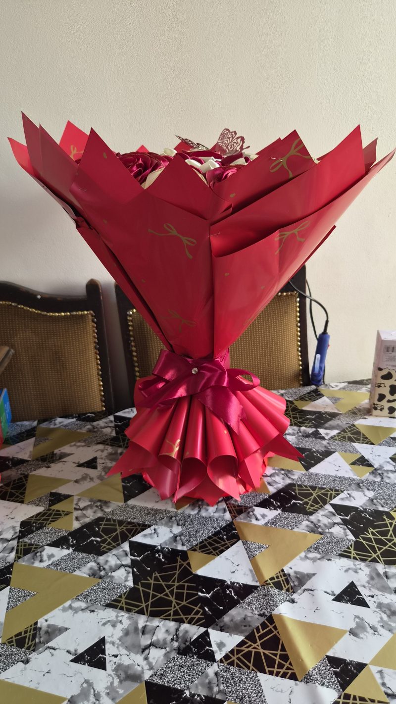 Handcrafted Satin Ribbon Rose Bouquet in Red and Cream with Butterfly Accent