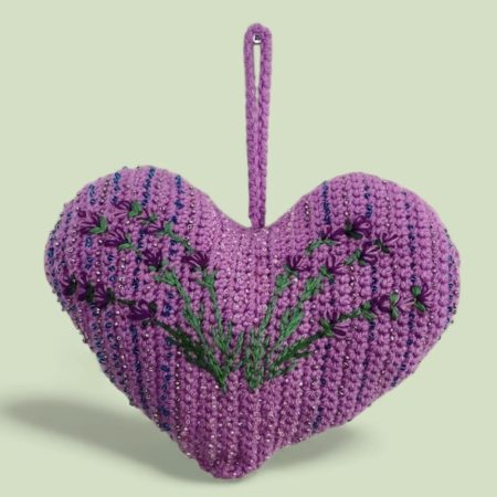 Handmade Crochet Lavender Hanging Heart Decoration with Embroidered Purple Floral Detail