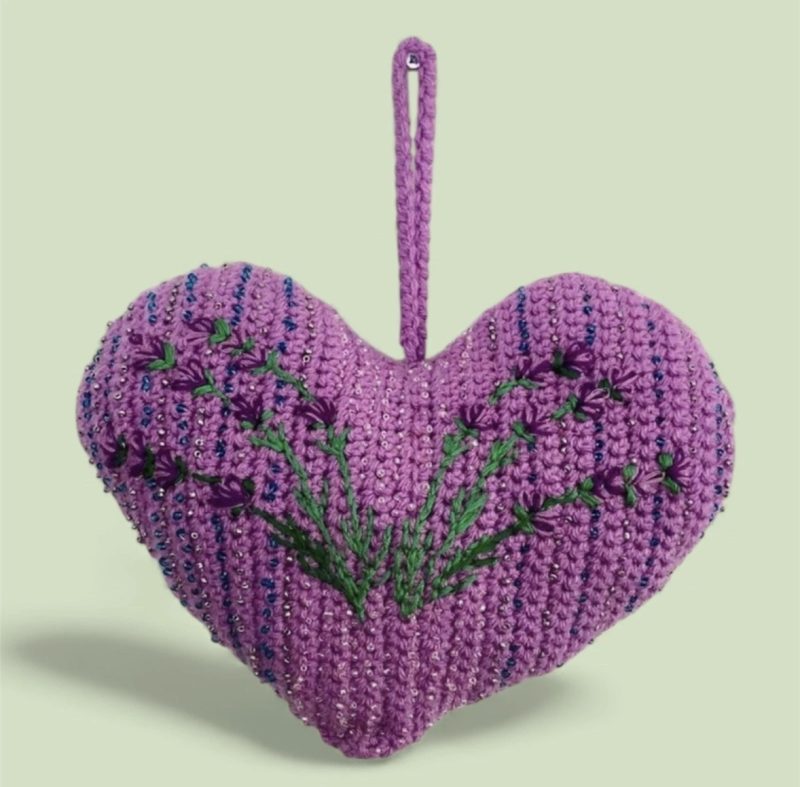 Handmade Crochet Lavender Hanging Heart Decoration with Embroidered Purple Floral Detail