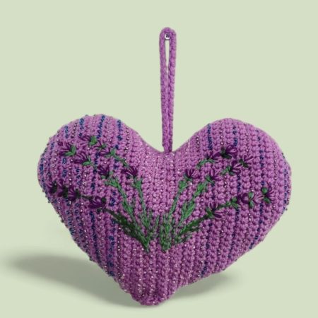 Handmade Crochet Lavender Hanging Heart Decoration with Embroidered Purple Floral Detail