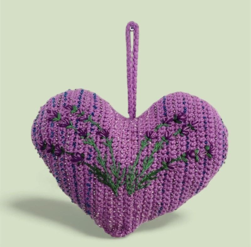 Handmade Crochet Lavender Hanging Heart Decoration with Embroidered Purple Floral Detail
