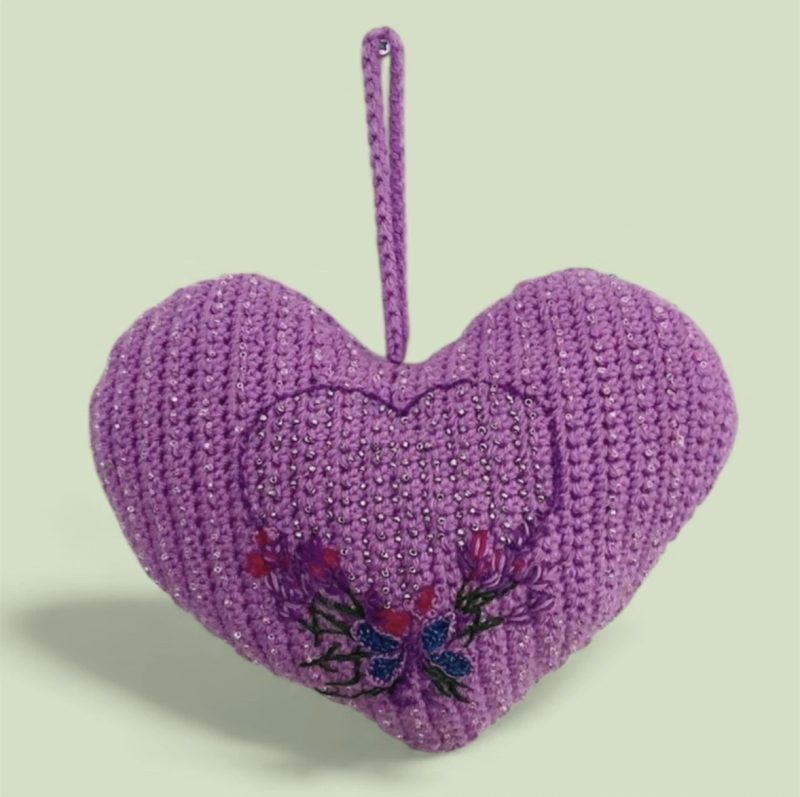 Handmade Crochet Lavender Hanging Heart Decoration with Embroidered Purple Floral Detail