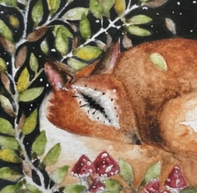 Midnight Rest Original Hand Painted Woodland Red Fox & Mushrooms Art