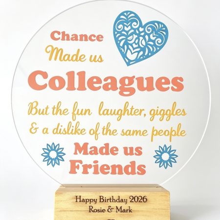 Handmade Multicoloured Acrylic Coworker Plaque with Wooden Stand