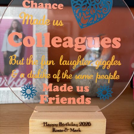 Handmade Multicoloured Acrylic Coworker Plaque with Wooden Stand