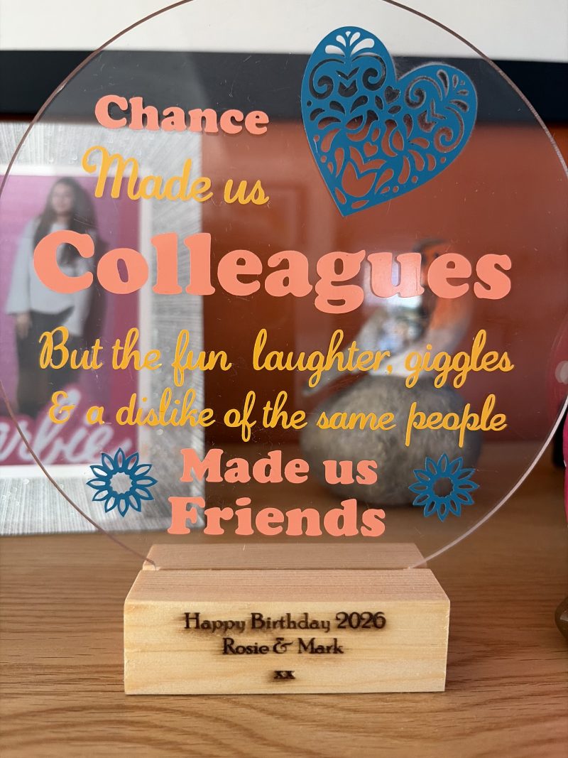 Handmade Multicoloured Acrylic Coworker Plaque with Wooden Stand
