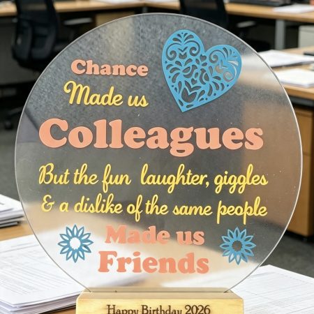 Handmade Multicoloured Acrylic Coworker Plaque with Wooden Stand