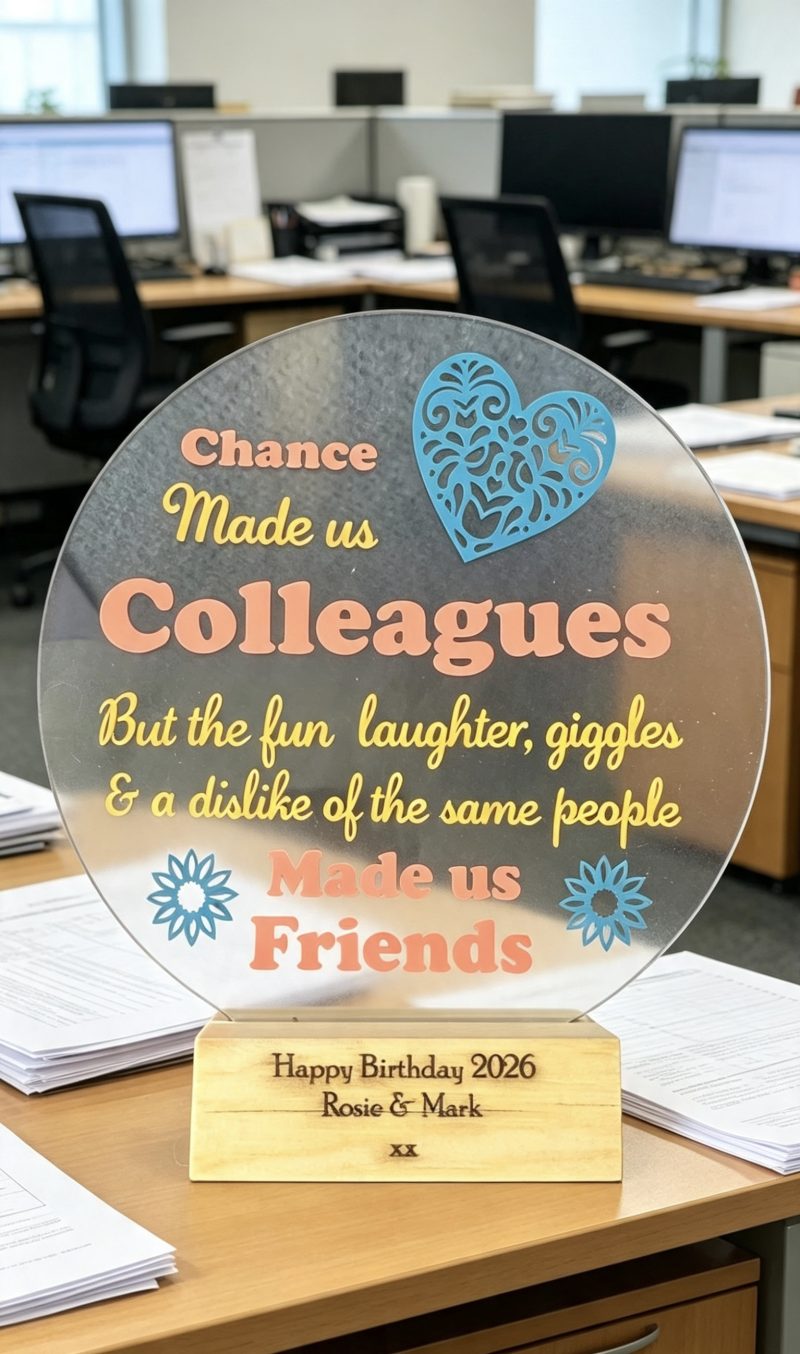 Handmade Multicoloured Acrylic Coworker Plaque with Wooden Stand