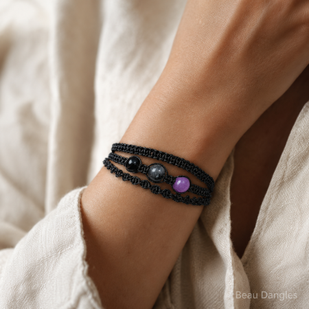 Protection & Grounding Adjustable Crystal Bracelet – Obsidian, Labradorite & Amethyst