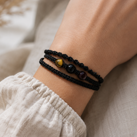 Strength & Stability Adjustable Crystal Bracelet – Tiger’s Eye, Obsidian & Garnet
