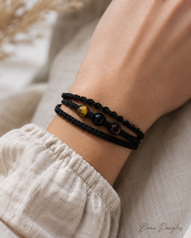 Strength & Stability Adjustable Crystal Bracelet – Tiger’s Eye, Obsidian & Garnet