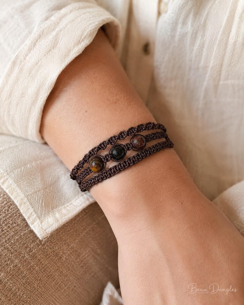 Strength & Stability Adjustable Crystal Bracelet – Tiger’s Eye, Obsidian & Garnet