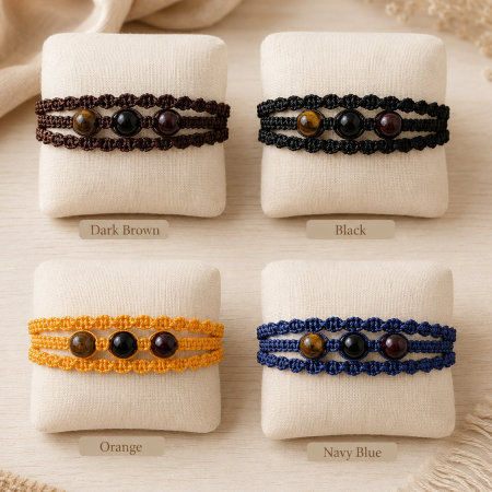 Strength & Stability Adjustable Crystal Bracelet – Tiger’s Eye, Obsidian & Garnet