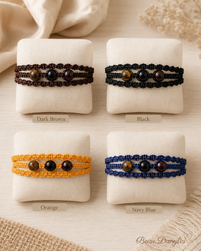 Strength & Stability Adjustable Crystal Bracelet – Tiger’s Eye, Obsidian & Garnet