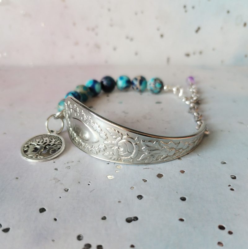 Gorgeous Silver Spoon Handle Bracelet with Jasper Beads and Tree of Life Charm
