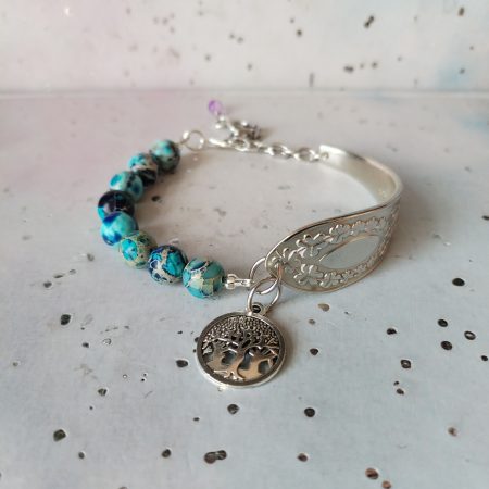 Gorgeous Silver Spoon Handle Bracelet with Jasper Beads and Tree of Life Charm