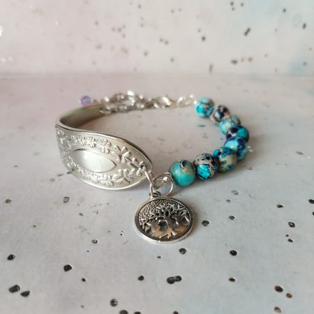 Gorgeous Silver Spoon Handle Bracelet with Jasper Beads and Tree of Life Charm