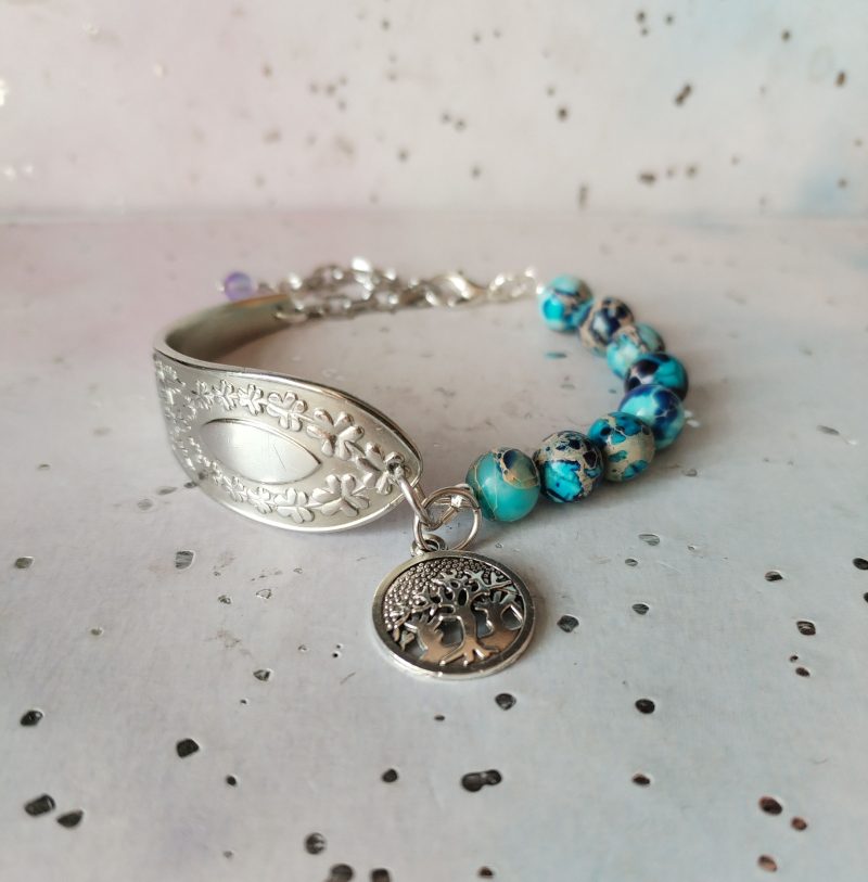 Gorgeous Silver Spoon Handle Bracelet with Jasper Beads and Tree of Life Charm