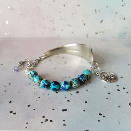 Gorgeous Silver Spoon Handle Bracelet with Jasper Beads and Tree of Life Charm