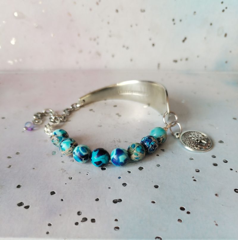 Gorgeous Silver Spoon Handle Bracelet with Jasper Beads and Tree of Life Charm