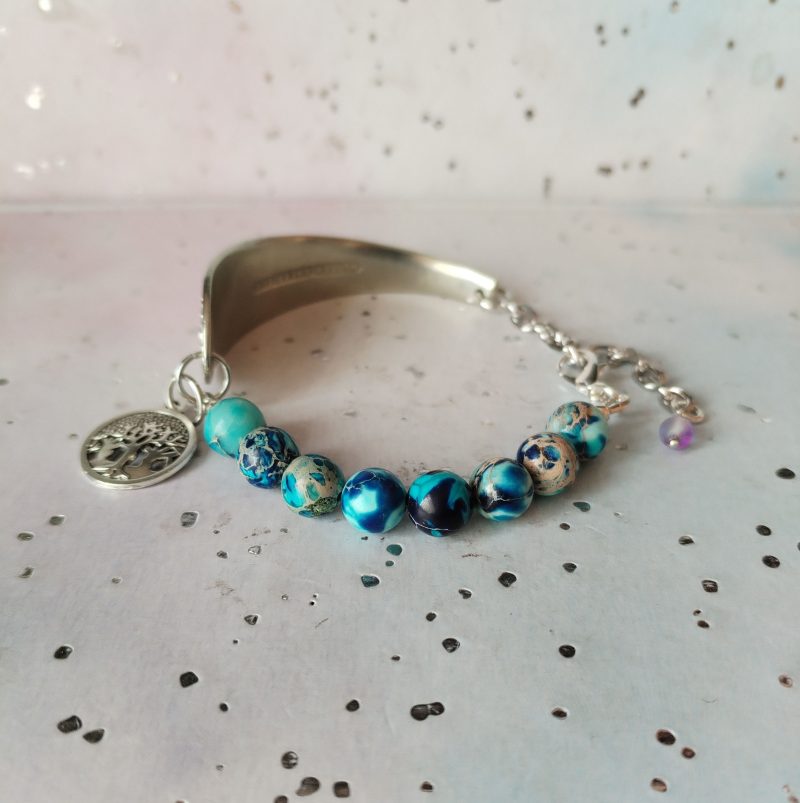 Gorgeous Silver Spoon Handle Bracelet with Jasper Beads and Tree of Life Charm