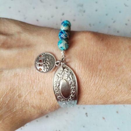 Gorgeous Silver Spoon Handle Bracelet with Jasper Beads and Tree of Life Charm