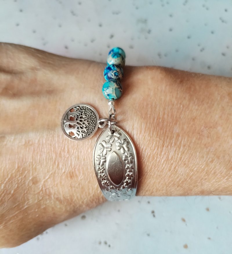 Gorgeous Silver Spoon Handle Bracelet with Jasper Beads and Tree of Life Charm