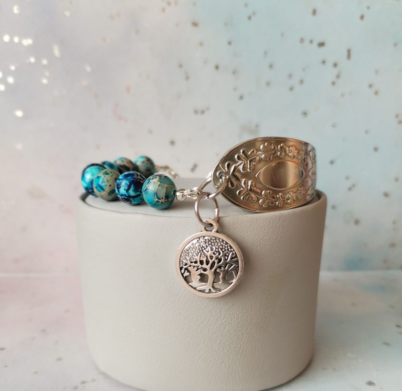 Gorgeous Silver Spoon Handle Bracelet with Jasper Beads and Tree of Life Charm