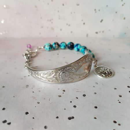 Gorgeous Silver Spoon Handle Bracelet with Jasper Beads and Tree of Life Charm