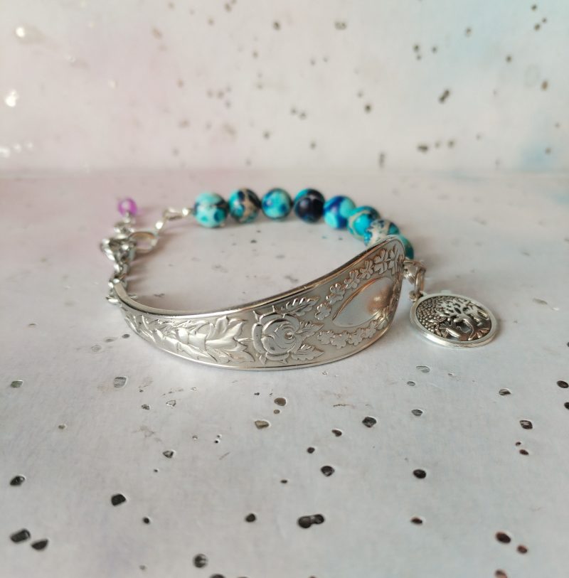 Gorgeous Silver Spoon Handle Bracelet with Jasper Beads and Tree of Life Charm