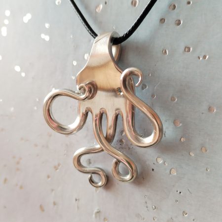 One of a kind silver plated Octopus fork pendant necklace
