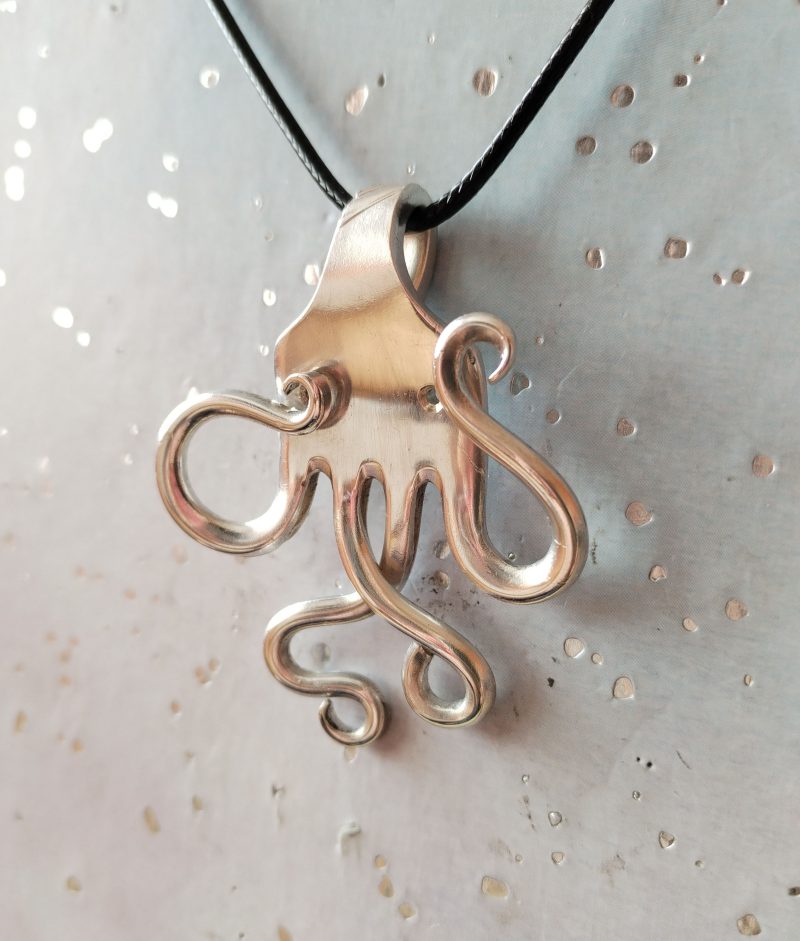 One of a kind silver plated Octopus fork pendant necklace